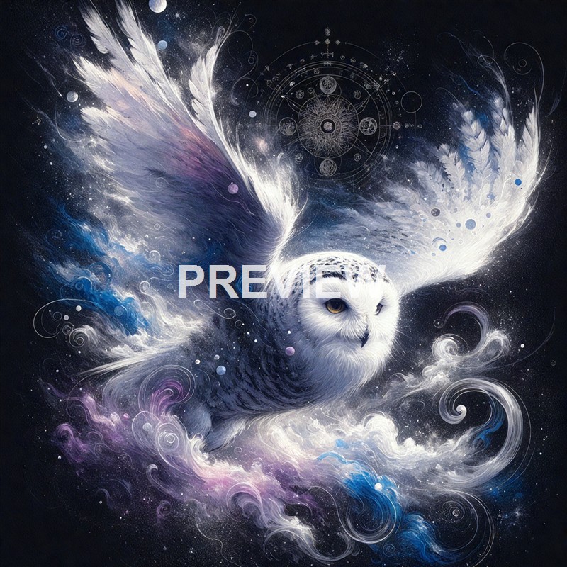 A fantastical image of a white owl with large, luminous wings blending into a cosmic background filled with swirling clouds, stars, and celestial patterns.